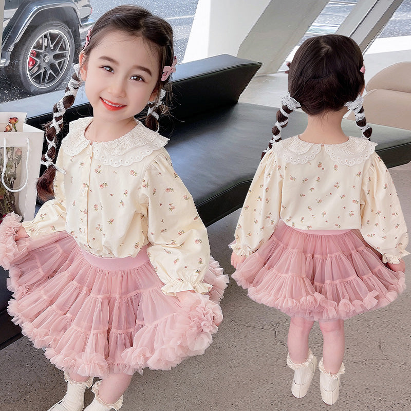 Girls Beige Conversational Printed Peter Pan Collar Cotton Casual Shirt