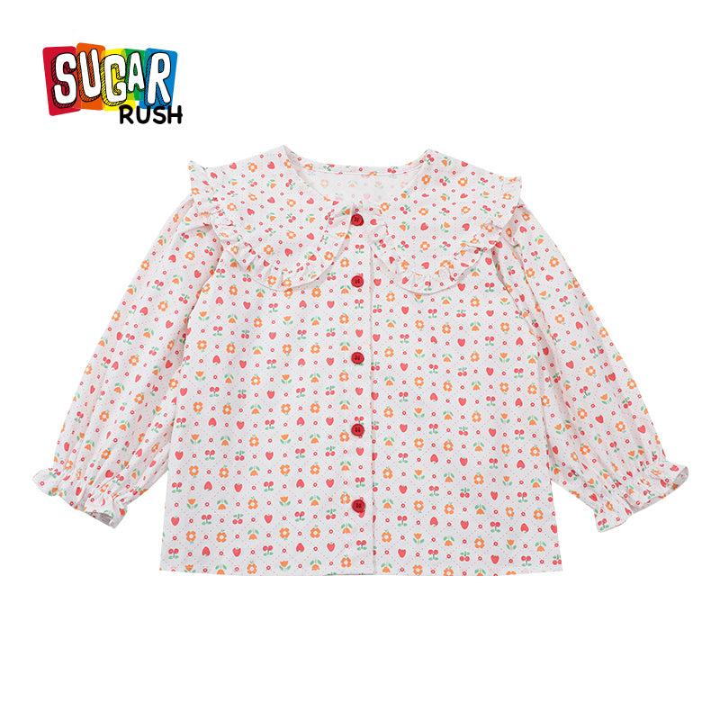 Girls White Conversational Printed Peter Pan Collar Cotton Casual Shirt