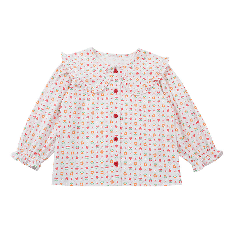 Girls White Conversational Printed Peter Pan Collar Cotton Casual Shirt