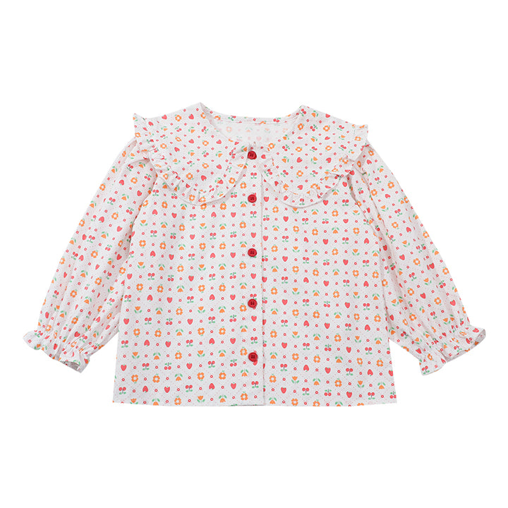 Girls White Conversational Printed Peter Pan Collar Cotton Casual Shirt