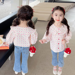 Girls White Conversational Printed Peter Pan Collar Cotton Casual Shirt