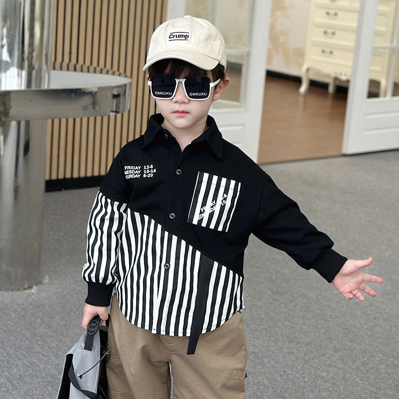 Boys Striped Cotton Spread Collar Curved Casual Shirt