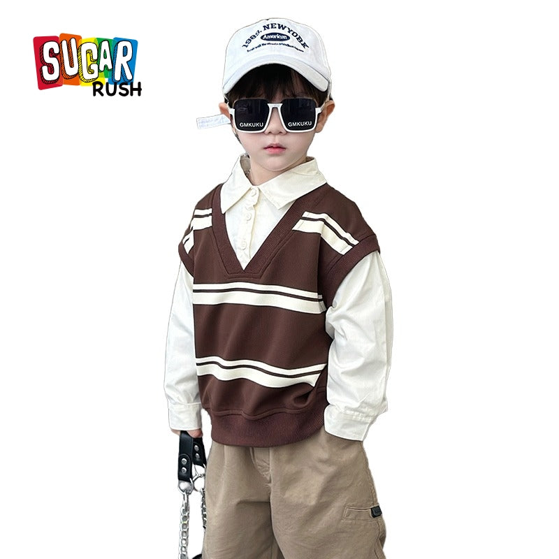 Boys Striped Spread Collar Curved Casual Shirt