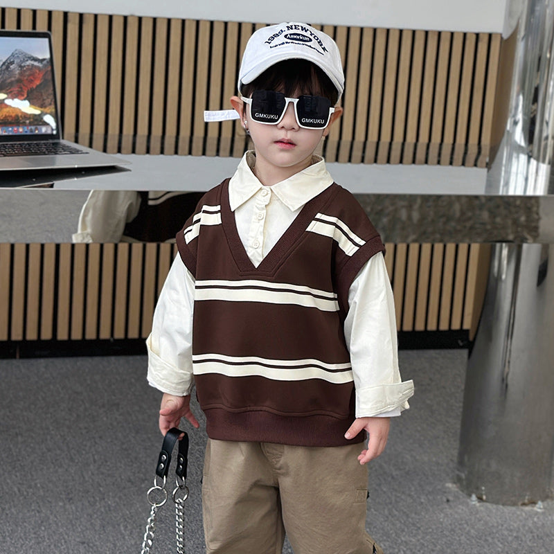 Boys Striped Spread Collar Curved Casual Shirt