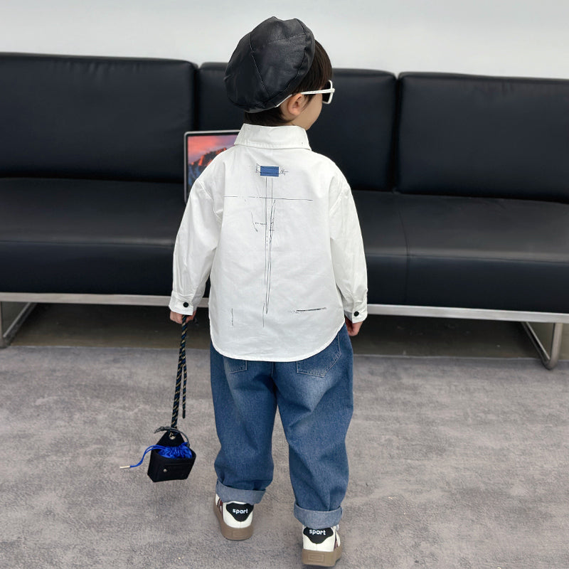 Boys Cotton Spread Collar Flap Curved Casual Shirt