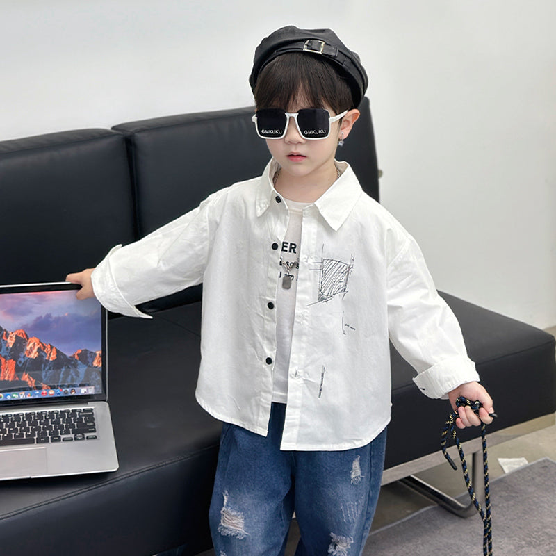 Boys Cotton Spread Collar Flap Curved Casual Shirt