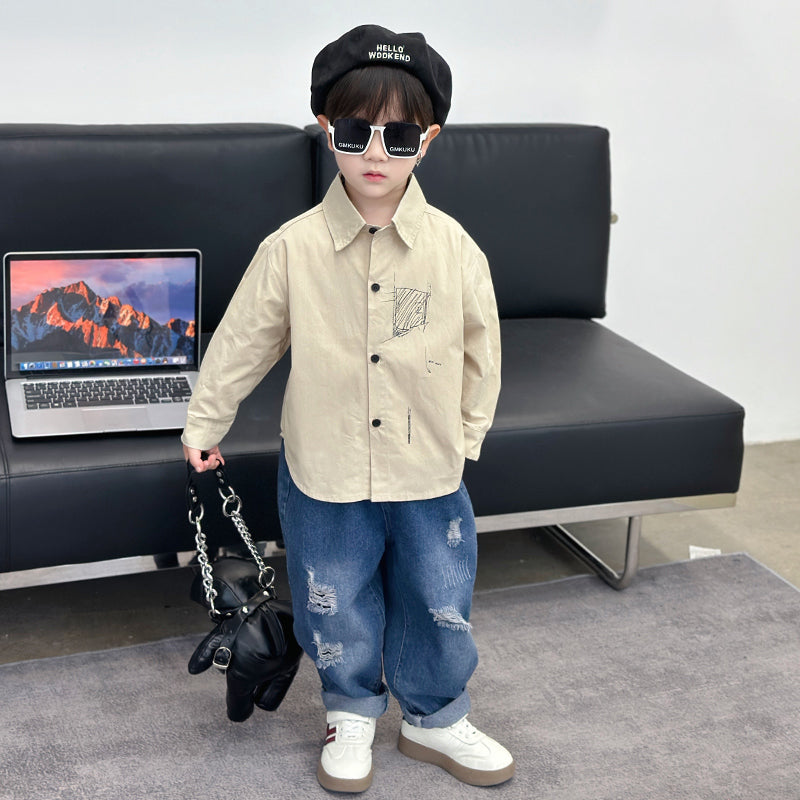 Boys Spread Collar Cotton Curved Casual Shirt