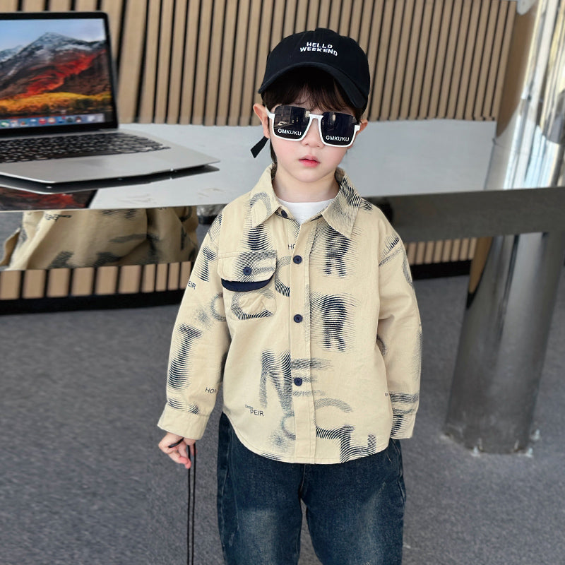 Boys Graphic Printed Cotton Spread Collar Curved Casual Shirt