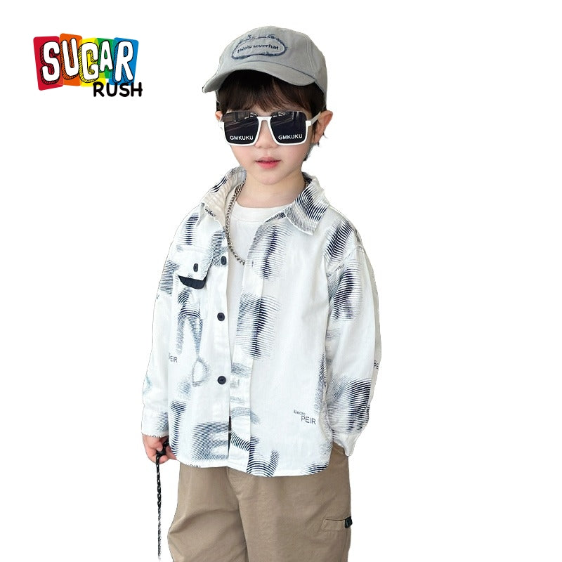 Boys Graphic Printed Spread Collar Cotton Curved Casual Shirt
