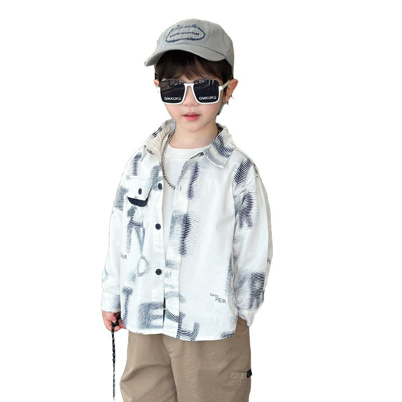 Boys Graphic Printed Spread Collar Cotton Curved Casual Shirt