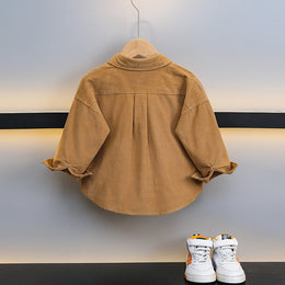 Boys Spread Collar Roll-Up Sleeves Cotton Curved Casual Shirt