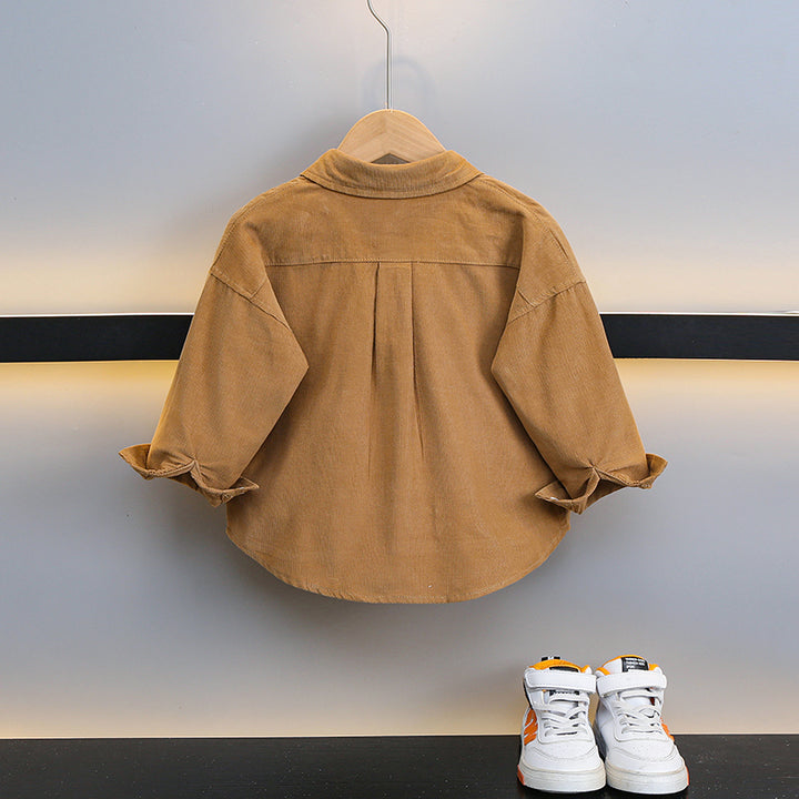 Boys Spread Collar Roll-Up Sleeves Cotton Curved Casual Shirt