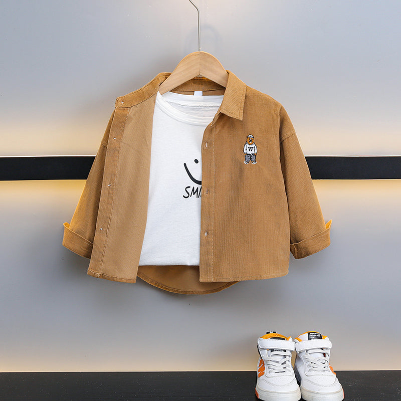 Boys Spread Collar Roll-Up Sleeves Cotton Curved Casual Shirt