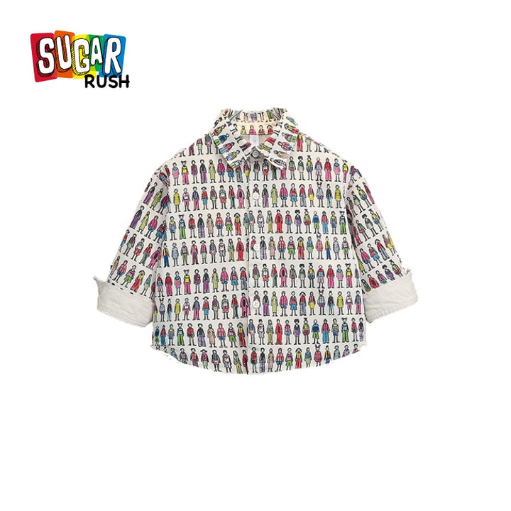 Boys Conversational Printed Cotton Spread Collar Curved Casual Shirt
