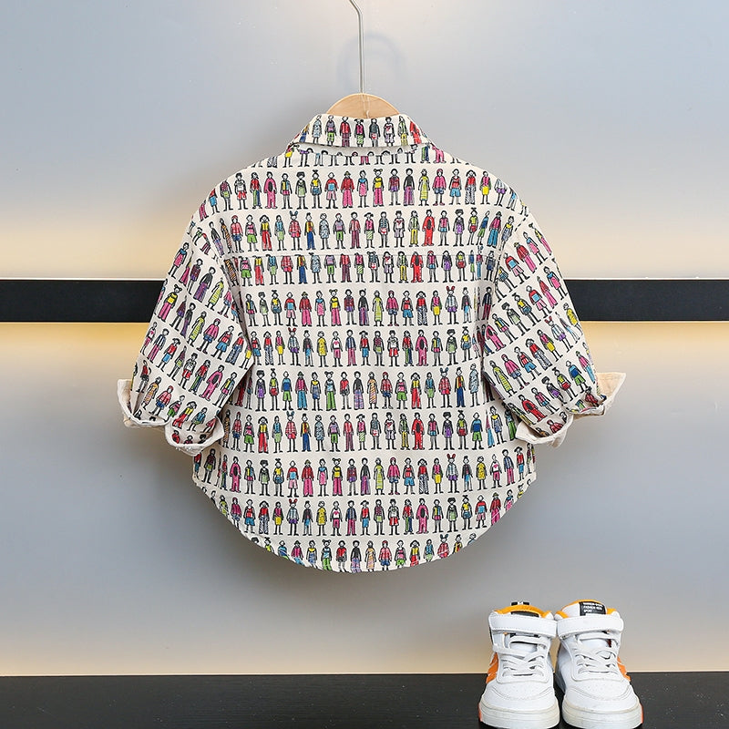 Boys Conversational Printed Cotton Spread Collar Curved Casual Shirt