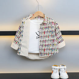 Boys Conversational Printed Cotton Spread Collar Curved Casual Shirt