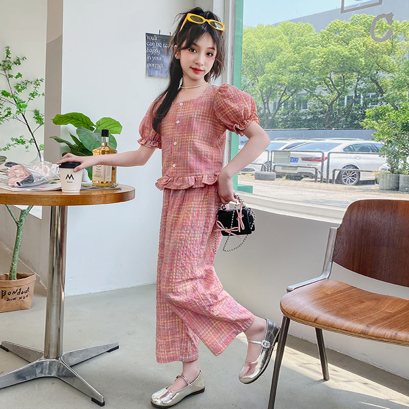 Girl Checked Design Top with Pyjamas Clothing Set