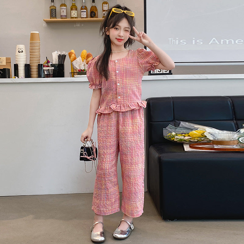 Girl Checked Design Top with Pyjamas Clothing Set