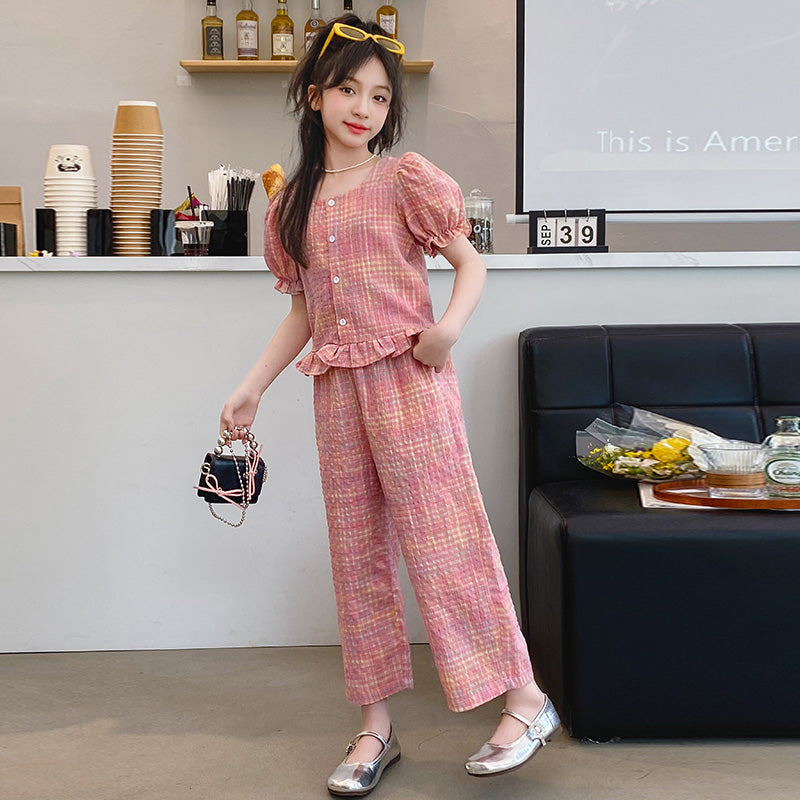Girl Checked Design Top with Pyjamas Clothing Set
