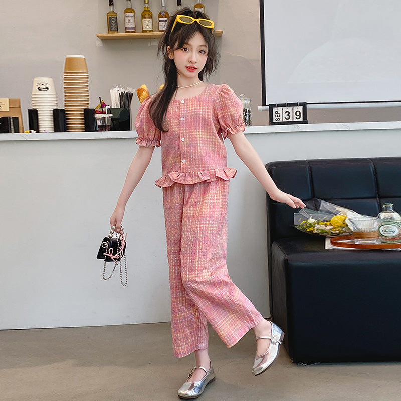 Girl Checked Design Top with Pyjamas Clothing Set