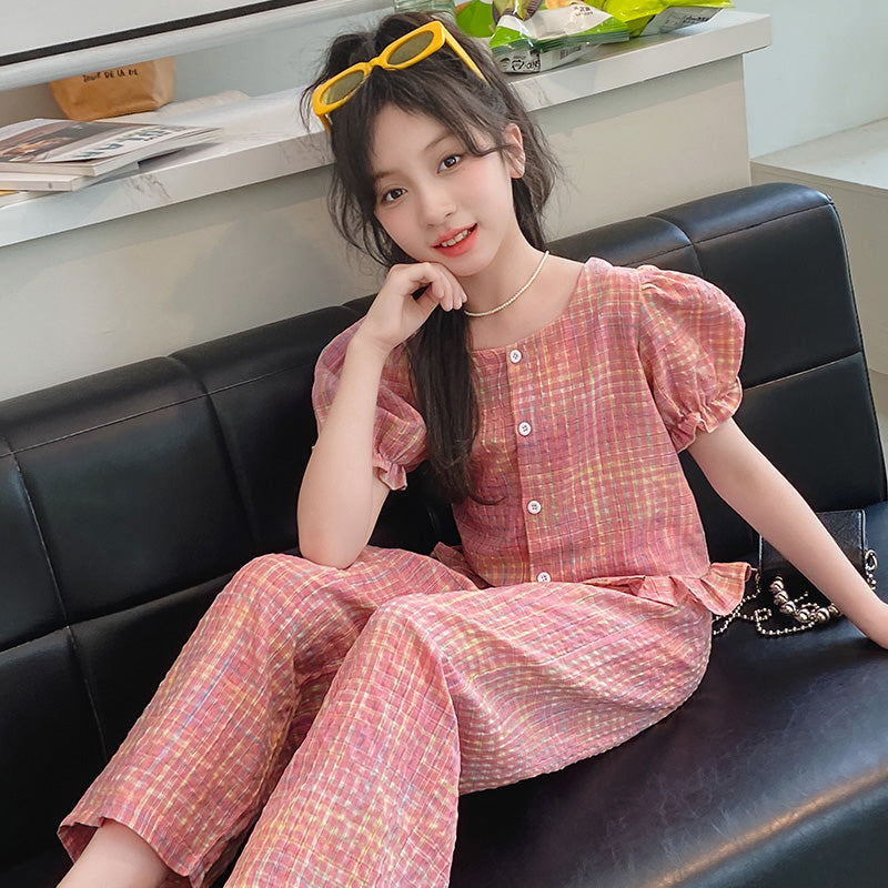 Girl Checked Design Top with Pyjamas Clothing Set