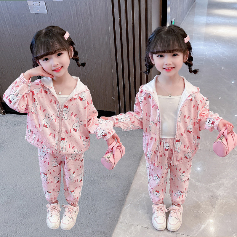 Girls Pink Graphic Printed Hooded Coat with Pyjamas