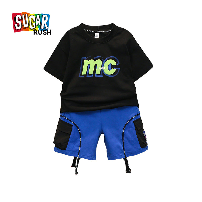 Boys Black Printed Cotton T-shirt with Shorts