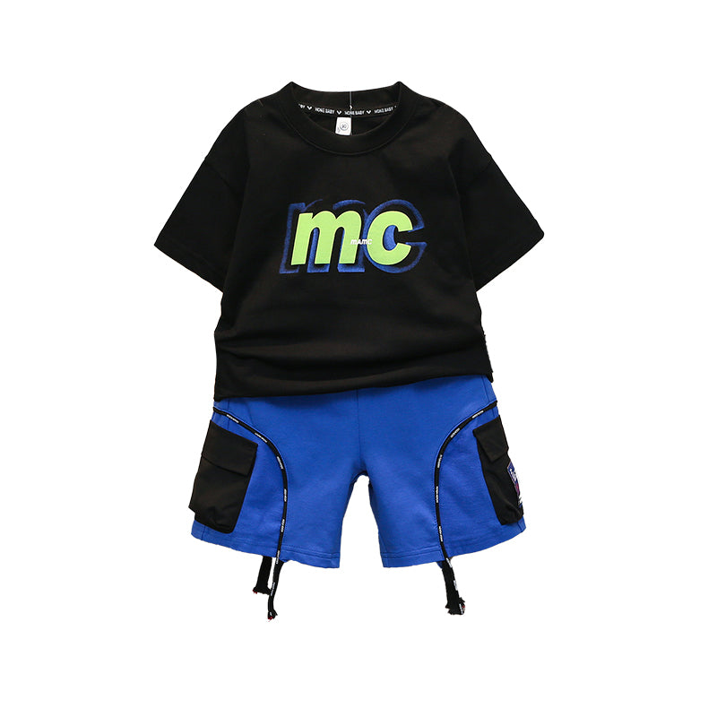Boys Black Printed Cotton T-shirt with Shorts