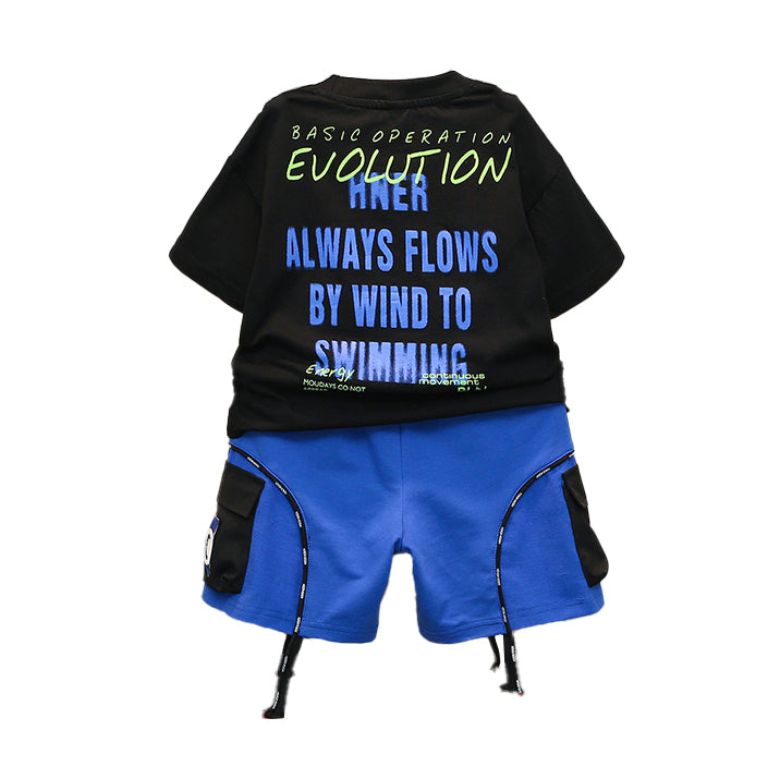 Boys Black Printed Cotton T-shirt with Shorts