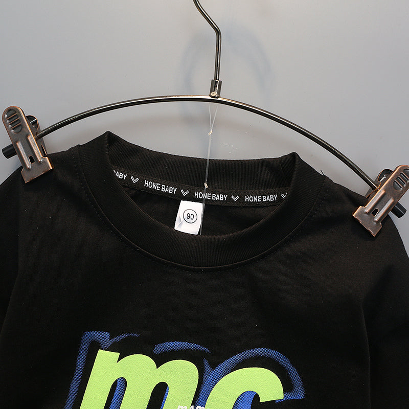 Boys Black Printed Cotton T-shirt with Shorts