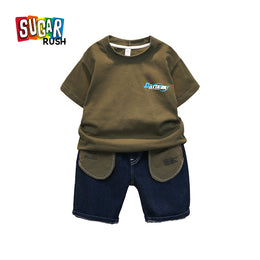 Boys Green Printed Pure Cotton T-shirt With Shorts