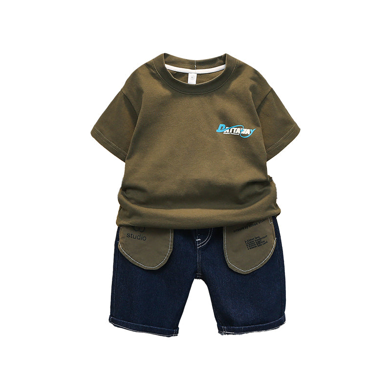 Boys Green Printed Pure Cotton T-shirt With Shorts