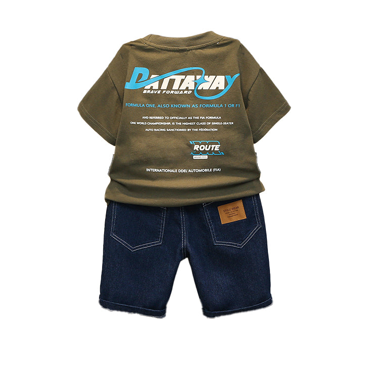Boys Green Printed Pure Cotton T-shirt With Shorts
