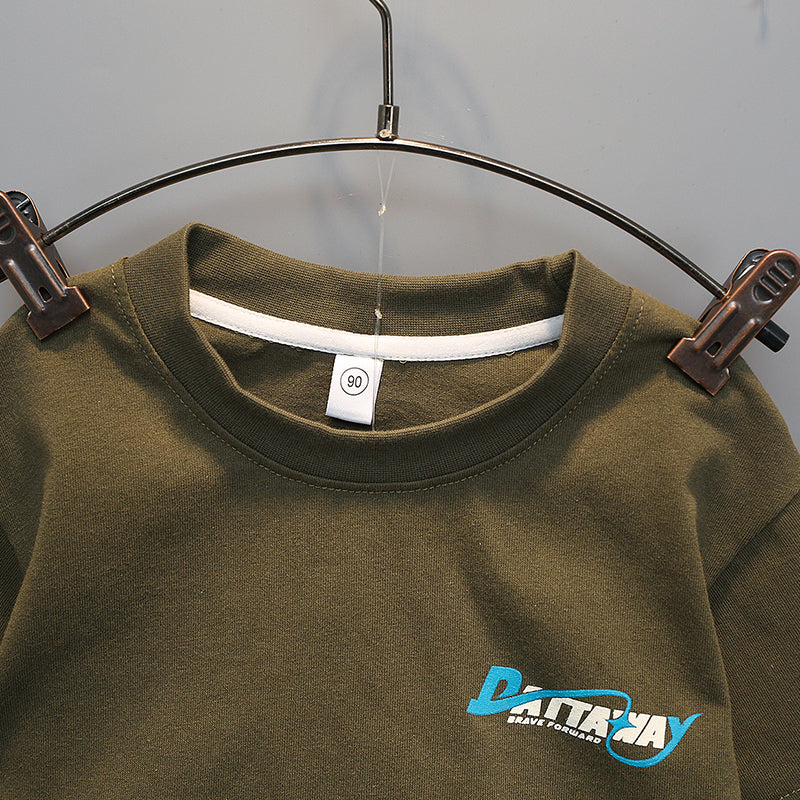 Boys Green Printed Pure Cotton T-shirt With Shorts