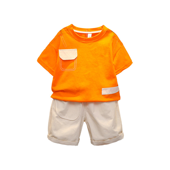 Boys Orange Printed Cotton T-shirt with Shorts