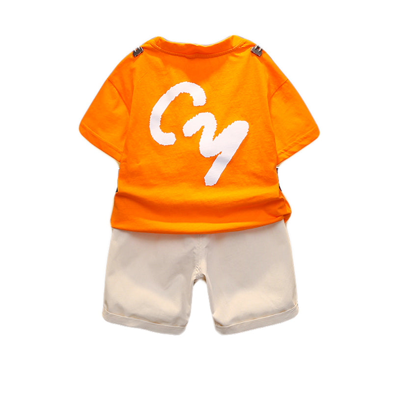 Boys Orange Printed Cotton T-shirt with Shorts