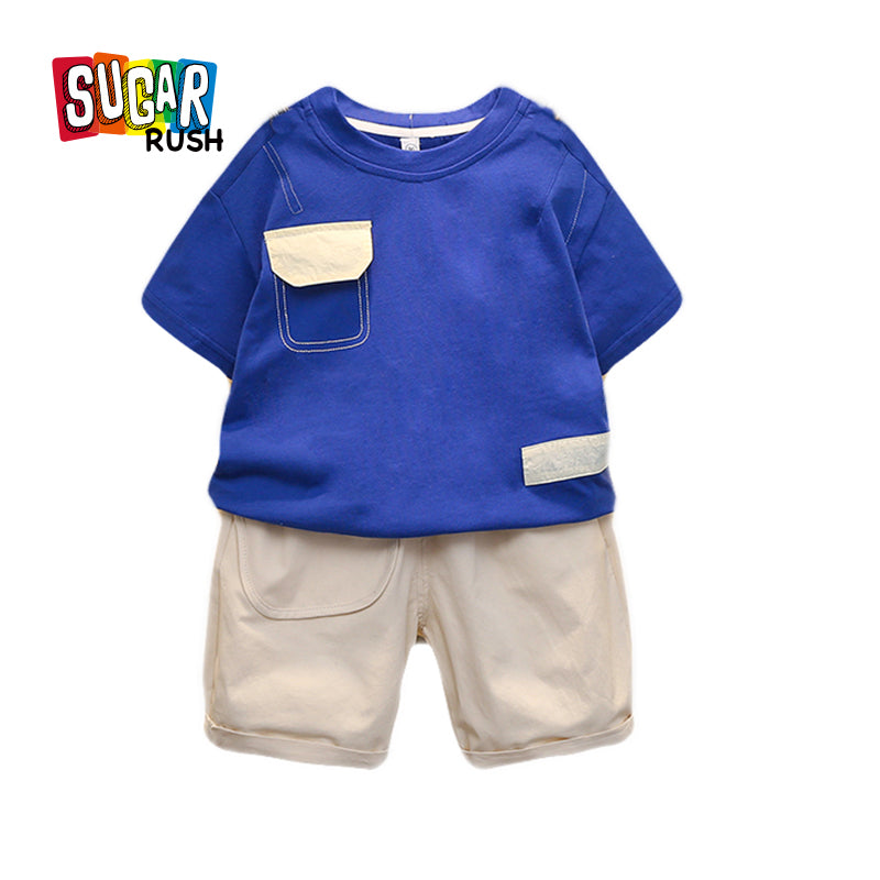 Boys Blue Colourblocked Pure Cotton T-shirt with Shorts
