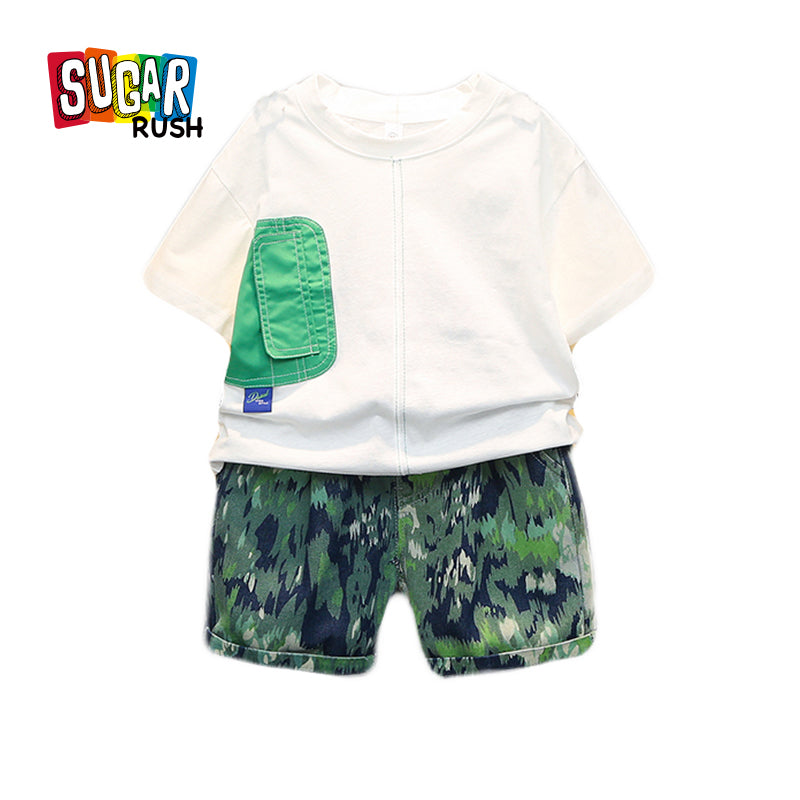 Boys White & Green Printed Pure Cotton T-shirt With Shorts