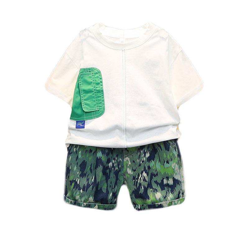 Boys White & Green Printed Pure Cotton T-shirt With Shorts