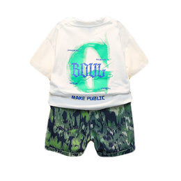 Boys White & Green Printed Pure Cotton T-shirt With Shorts