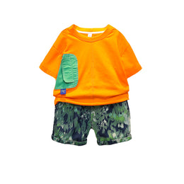 Boys Orange & Navy Blue Graphic Printed Pure Cotton T-shirt With Printed Shorts