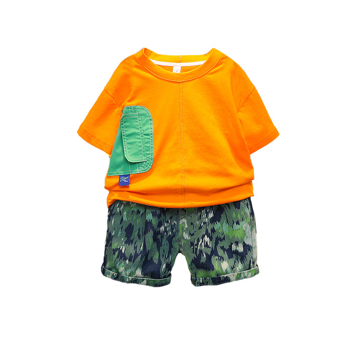Boys Orange & Navy Blue Graphic Printed Pure Cotton T-shirt With Printed Shorts