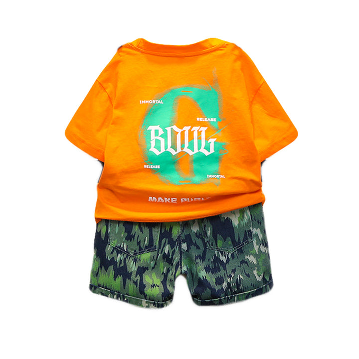 Boys Orange & Navy Blue Graphic Printed Pure Cotton T-shirt With Printed Shorts