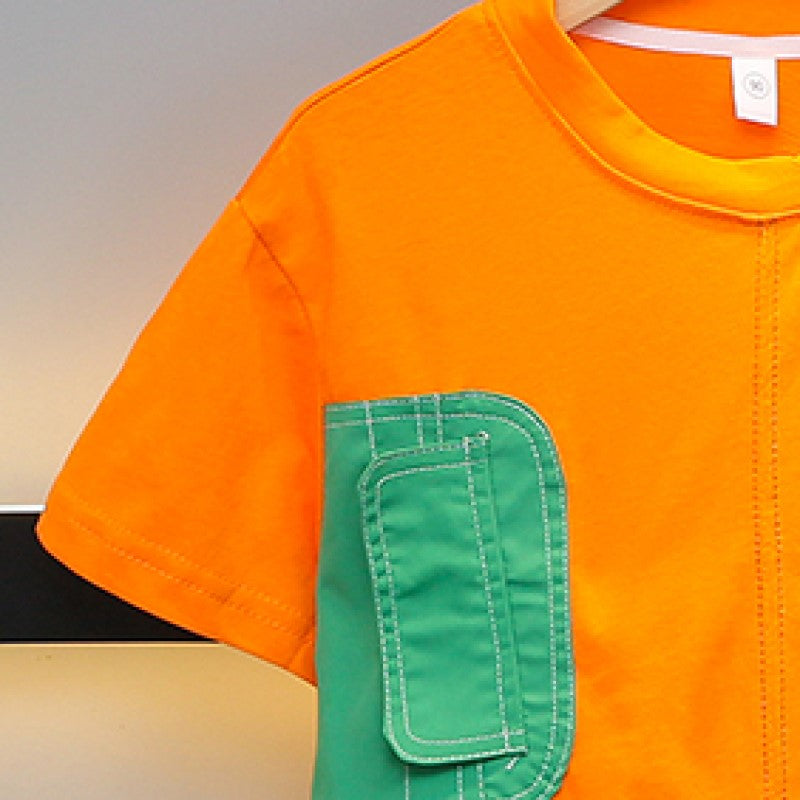 Boys Orange & Navy Blue Graphic Printed Pure Cotton T-shirt With Printed Shorts