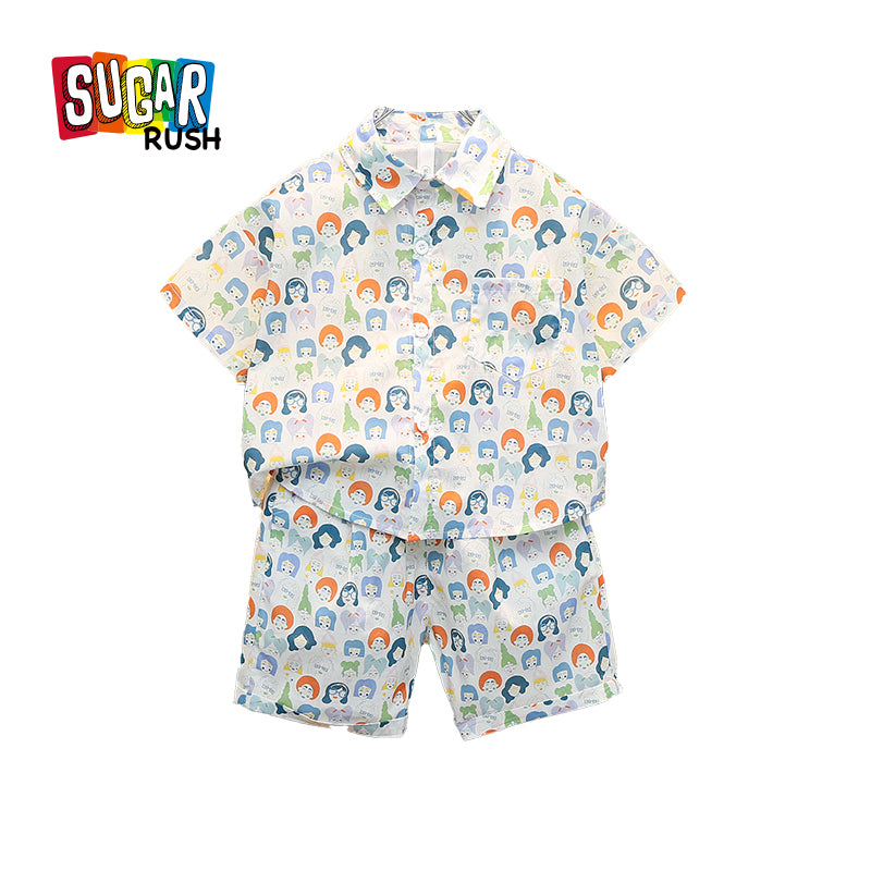 Boys White Conversational Printed Pure Cotton Shirt With Shorts