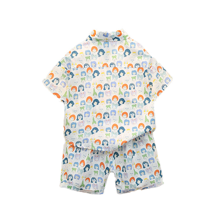 Boys White Conversational Printed Pure Cotton Shirt With Shorts