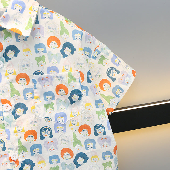 Boys White Conversational Printed Pure Cotton Shirt With Shorts