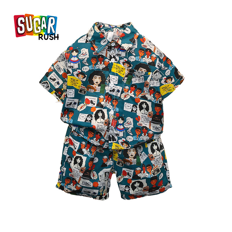 Boys Blue Graphic Printed Pure Cotton Shirt with Shorts