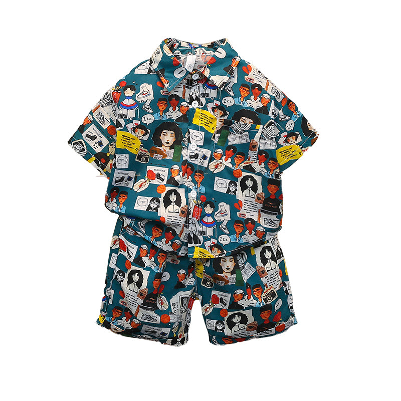 Boys Blue Graphic Printed Pure Cotton Shirt with Shorts