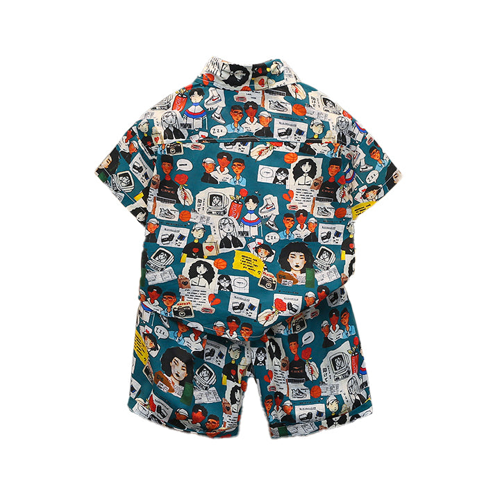 Boys Blue Graphic Printed Pure Cotton Shirt with Shorts